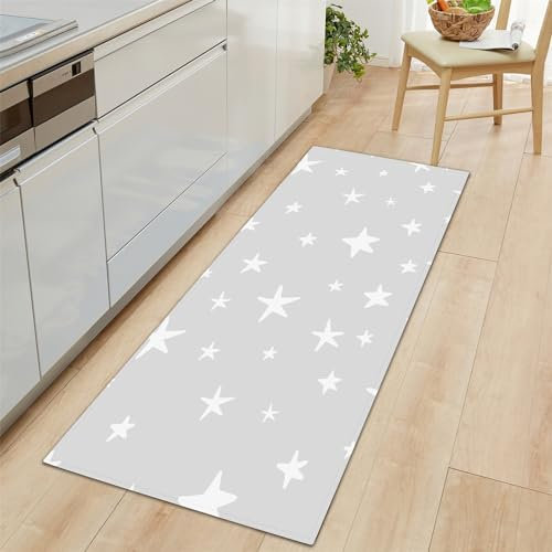 Küchenläufer Grau Teppich Läufer 60x120cm, Cartoon-Sterne-Streifen Muster Rechteck rutschfeste Teppich, Waschbar Anti-Müdigkeit Küchenteppich Küchenmatte