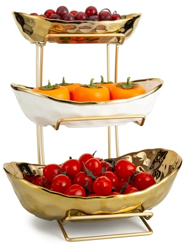 XUDREZ Obst Etagere mit 3 Etagen Obstschalen aus Keramik, Platzsparendes Obstkorb Etagere für die Familie - Moderne Obstschale, Geeignet für Gemüse, Obst, Snacks, Süßigkeiten (Gold)