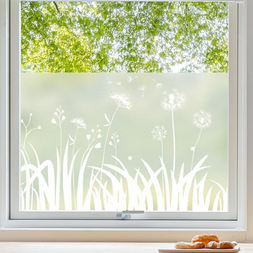 Fensterfolie Blickdicht Sichtschutzfolie Fenster Löwenzahn-Muster Milchglasfolie Selbstklebend Statisch Folie ohne Klebstoff Klebefolie Fenster für Bad, Büro, Küche
