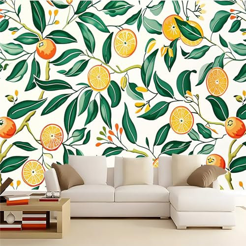 Blumen und Pflanzen Fototapete Wanddeko 350 x 256 cm Zitrusgrüne Blätter Und Orange Früchte Wandbild Motivtapeten Vlies-Tapeten Moderne Wandtapete Wand Wohnzimmer Spielzimmer TV-Hintergrund Dekoration