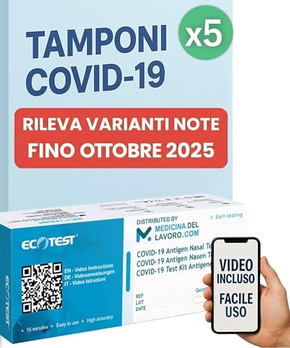 5 x Tamponi Covid 19 Rapido 2025 Nasale PRONTO ALL'USO, Kit Rapido Tampone per l'Antigene SARS-COV-2 Validato Nuove Varianti 2025. Sensibilità 100% a carica virale alta (5 TEST)