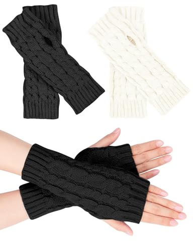 MELLIEX 2 Paia di Guanti Senza Dita Scaldapolsi In Cashmere Guanti Termici - Nero e Blanco