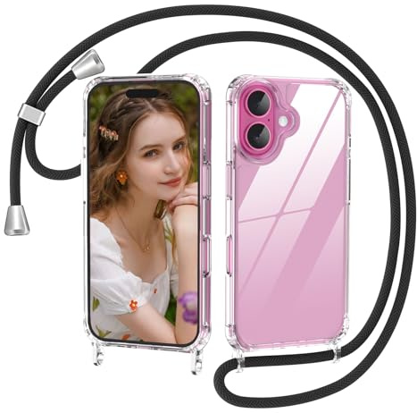 Nupcknn Handykette für iPhone 16 Plus Hülle mit Band,Ultra Dünn Transparent Handyhülle (Abnehmbar Einstellbar) Necklace mit Kordel zum Umhängen Kameraschutz Handy Kette Stossfest Schutzhülle