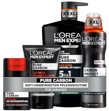 L'Oréal Men Expert 5in1 Anti-Pickel Pflegeset für Männer, Mit XXXL Duschgel, XXL Deospray, Waschgel und Gesichtscreme, Set für Herren mit Karbon, Pure Carbon, 4-teilig