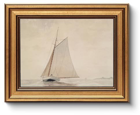 HUARCEY Gold Framed Vintage Wall Art for Living Room, Seaview Painting Prints Shelf Decor for Kitchen, Aesthetic Bedroom Wall Art, Christmas Gifts for Friends or Family (White Sailboat - 8x10)