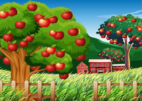 CORFOTO 5.2x3m Sfondo di albero di mele dei cartoni animati, sfondo di frutteto di mele, sfondo di fotografia di giardino di alberi di mele, frutta, festa, compleanno, baby shower, festa