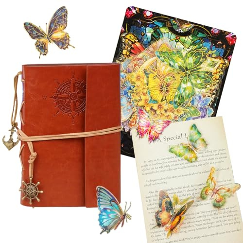 TYXHXTF Leder Notizbuch, Nachfüllbar Tagebuch, Vintage Spiralbindung Reisetagebuch, mit 30 Schmetterlingsaufkleber Blumenaufkleber, Geschenk für Mädchen, Jungen, Blanko-Seitenm, A6, Braun