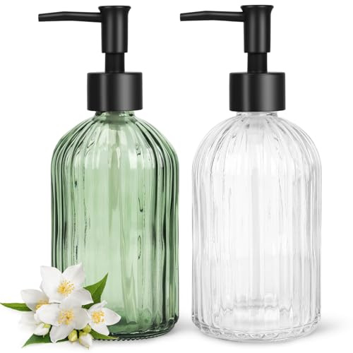 WANCHIY Glass Soap Dispenser Set With Plastic Pump Green and Clear 2 Pack | Thick Glass Bottle,Refillable Design,Dual Colour Style,Kitchen Counter Accessory,Bathroom Organisation