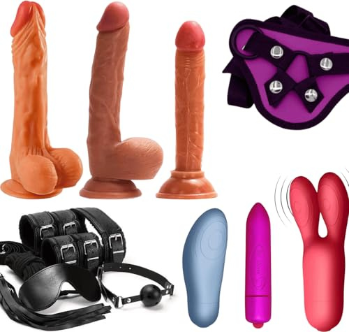Sexy Emporium Strap On Dildo Harness Kit 3 Realistic Strap On Dildos for Pegging 5 7.4 9 Inch Dildos Includes 2 O-Rings & Adjustable Harness Waterproof Vibrator - Black with Purple Harness