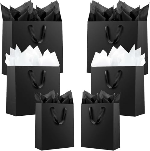 Offizon 12 Pcs Black Gift Bags, Paper Bags with Mixed Tissue Paper (4 Small 6, 4 Medium 8.7, 4 Large 12.6), Kraft Paper Bags with Handles for Birthdays and Holidays