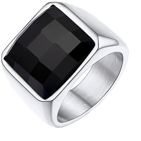 FindChic 15MM Blauer Stein Bandring Gothic Biker Ring Männer Siegelring Retro Ring aus 316 Edelstahl, Geschenk für Verlobung Valentinstag, Silber, Größe 70