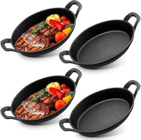 OGMBI 4 Set Small Cast Iron Skillet with Handles, 21 x 15 cm Cast Iron Serving Pan, Individual Oval Oven Dish, Pre-Seasoned Safe Cookware Frying Pan for Kitchen Baking Cooking