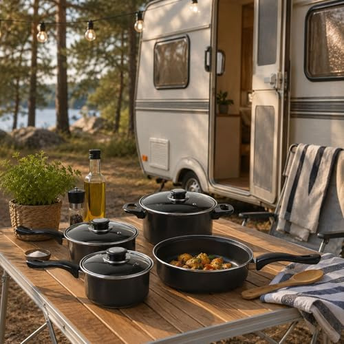 Camping Kochtopfset 7-teilig Leichtes Aluminium Topfset für Gasherde, 2 x Stieltopf mit Deckel | 1 x Bratpfanne | 1 x Kochtopf mit Deckel | Camping Kochgeschirr-Set