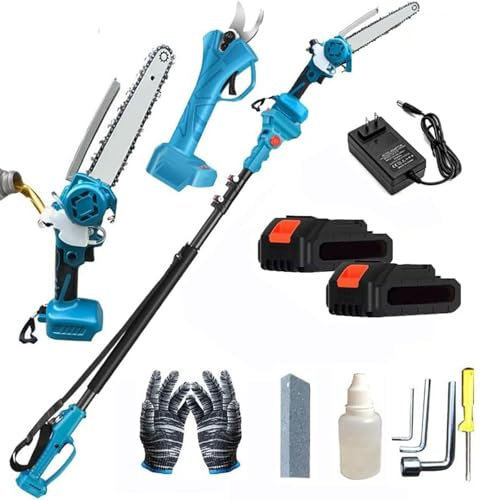 GHRERTX Kit Combinado de Sierra de pértiga y Tijeras de podar 4 en 1, Mini Motosierra de 8 Pulgadas con engrasador, Tijeras de podar inalámbricas con pértiga Extensible, 2 baterías, podadora de Ramas