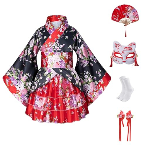 CRFASIBE 5 Pièces Ensemble Kimono Filles, Traditionnel Japonais Yukata Style Robe avec Accessoires, Idéal pour les événements culturels et les party à thème (130cm)