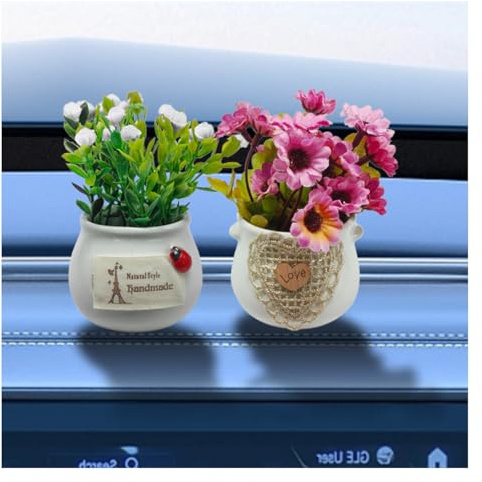 DUSCOKE 2PCS Cute Flower Bouquet in Pottery Vase Car Dashboard Ornament for Women Interior Aesthetic, Miniature Artificial Plant Car Center Console&Dashboard Decoration for Home Office(White/Rose Red)