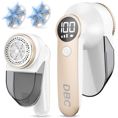 DBC Fabric Shaver with Seperate Lint Box, LED Display, 15000r/Min Powerful Motor, 6-Leaf Blades, 3-Speeds Electric Lint Remover for Sweater, Clothes, Couch, Furniture, Sofa - Gold & White