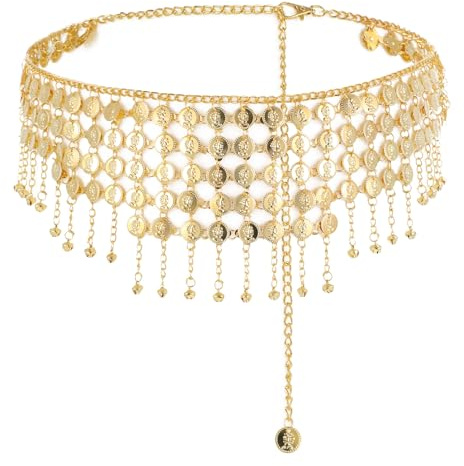 Accesorio de falda de danza del vientre, cadena de cinturón ajustable, bufanda de cadera con flecos para mujer, traje de bailarina para danza del vientre, Oro, Talla única