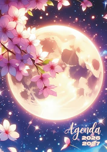 Agenda Scolaire: Sakura, Cerisier en Fleur du Japon Manga Animé, Lune | Journalier (une page par jour) | 12x17 cm | Collège, lycée & étudiant | Garçon & Fille, Ado