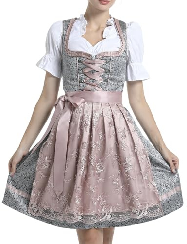 LINUCKER Dirndl Damen Midi Dirndlkleid Trachtenkleid 3 Teilig Dirndl-Sets inkl. Dirndlbluse Trachtenrock Schürze Komplettset Schlicht Kleid für Oktoberfest Klassische Grün 34 36 38 40 42