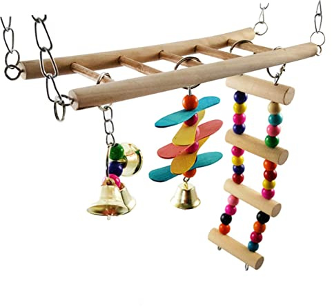 TOYANDONA Columpio para Pájaros De Madera Escalera Colorida, Posadero Cascabeles, 30 x 23 Cm, Accesorio para Jaula, Adecuado para Loros y Periquitos Domésticos