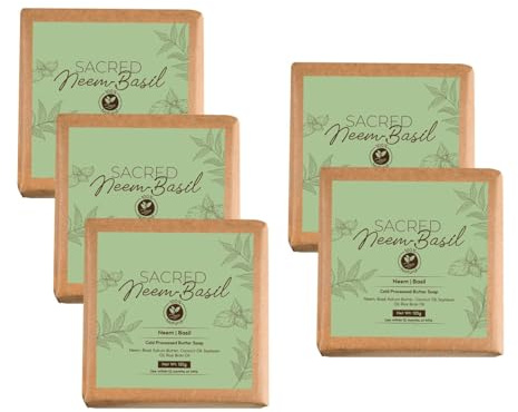 Neem Basil Butter Soap – 125g x 5 | Cold-Processed Ayurvedic Soap with Neem Actives & Basil | Antibacterial & Anti-Inflammatory | Handmade Herbal Soap Bar with Essential Oils for Body Acne