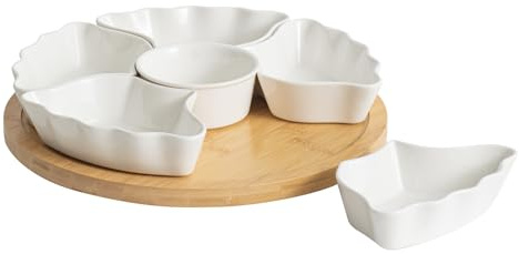 Ceramic 360° Rotatable Lazy Susan Serving Tray, Porcelain Divided Appetizers Bowls with Silent Rotating Tray, Removable Sectional Dish with Swivel Bamboo Platter for Chips, Snacks, Candy, Dip, Nuts