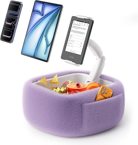 LULULOOK Supporto Cuscino Tablet per Kindle la lettura,supporto da tenere sulle ginocchia con ciotola per snack e braccio pieghevole per iPad,telefono e tablet da 4,7-14,6 pollici per leggere a letto
