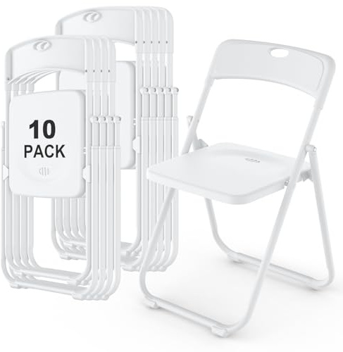 10 Pack White Plastic Folding Chairs, Indoor Outdoor Heavy-Duty Stackable Seats with Steel Frame, 350 lbs Capacity Portable Commercial Foldable Chairs for Party Events Wedding Dining Picnic Office