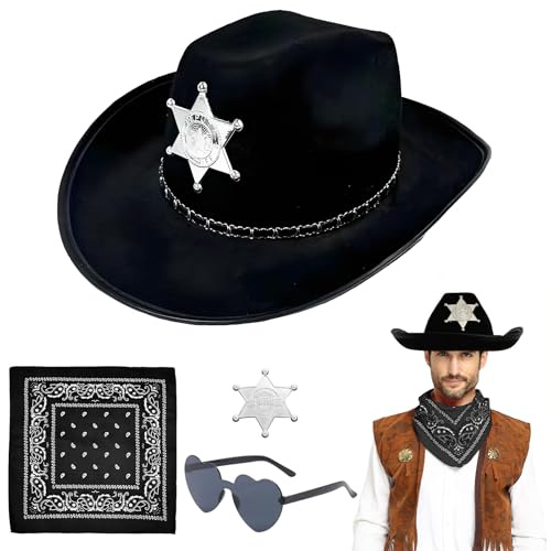 4 Stück Cowboy Kostüm Zubehör Set, Deluxe Western Cowboy Zubehör Set mit CowboyHut Brille Bandana Sheriff Abzeichen für Erwachsene Damen Herren Geburtstagsfeier Fasching Karneval Kostüm Cosplay Party