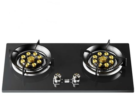 BZJPRFC Fornello A Gas Portatile A 2 Fuochi, unità Bruciatori A Gas GPL/GNL, Timer Ad Alta Potenza da 5,2 KW A 9 cavità, Griglia for Pentole in Ghisa con Vetro Temperato(LPG)