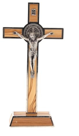 SHALOM - Crucifix San Benoît en bois d'olivier et métal, avec base. Hauteur 20,5 cm