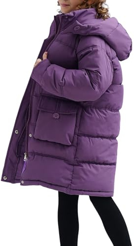 Cappotti lunghi per ragazze adolescenti invernali impermeabili oversize con cappuccio giacche isolate per bambini antivento con tasche, Viola, 13-14 Years