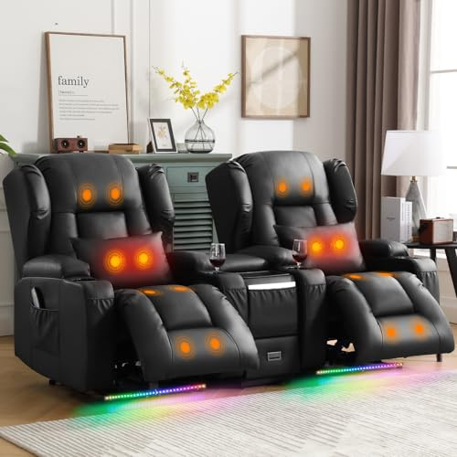 Wandnaher Fernsehsessel Elektrisch Verstellbar mit Massage und Heizung, Relaxsessel mit Liegefunktion, USB, Ambient LED, Getränkehalter, TV Sessel Kinosessel 2 Sitzer (Doppel Relaxsessel mit Konsole)