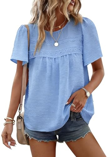 CMTOP Chemisier Femme Ete Blouse Manches Courtes Col Rond Tunique Chic et Elegant Haut Bohème Dentelle Fluide Tops Lâche Décontracté Blouse