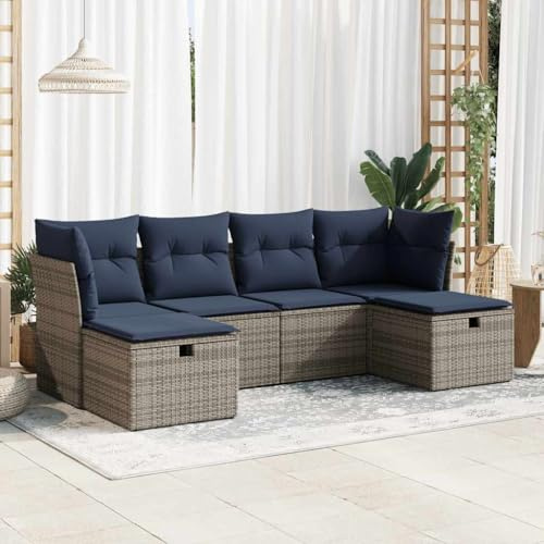 QUAHEAS 6-TLG. Gartenmöbel-Set, Grau Poly Rattan Lounge-Sofa mit Stauraum, UV-beständig, wetterfest für Terrasse, Balkon, Garten
