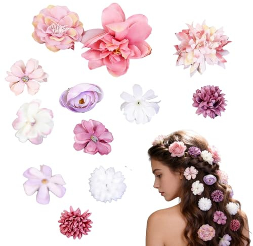 CATZUM 12 Pezzi Mollette Boho con Fiori, Fermaglio Fiore Seta, Artificiali per Capelli, Accessori, Barrette Hair Clips, Rapunzel per Donne e Ragazze, Hawaii, Spiaggia, Festa, Matrimonio, Estate