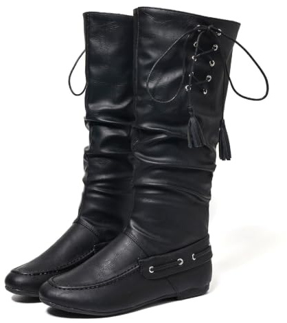 Jemnpela Bottes Vintage Femme Tige Haute Slouchy Western Cowboy Enfiler | Bottes Cavalières Mi-Mollet Talon Plat Boucles Métal Rivets Franges Pompons Confortables Automne Hiver Voyage