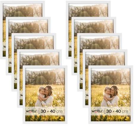 WOLTU Bilderrahmen 30x40, 10er set, MDF-Holz Fotorahmen mit Passepartout | Weiß, Posterrahmen für Poster, Fotos, Puzzle, aufhängbar & aufstellbar, Collage-Wanddeko mit bruchsicherer PS-Platte