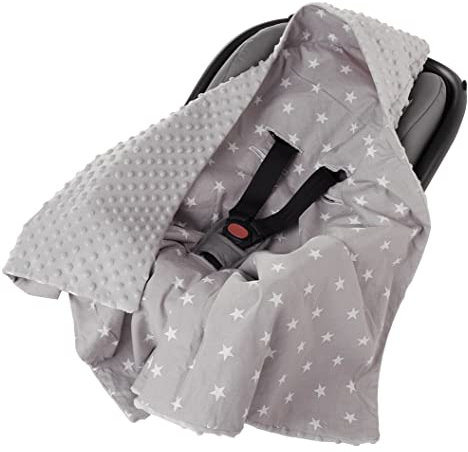 Medi Partners Einschlagdecke Baby Babyschale 100% Baumwolle für Sommer 85x85cm Kinderwagen Kuscheldecke universal Baby Decke Einschlagdecken Babydecke Buggy Autositz (weiße Sterne mit grauen Minky