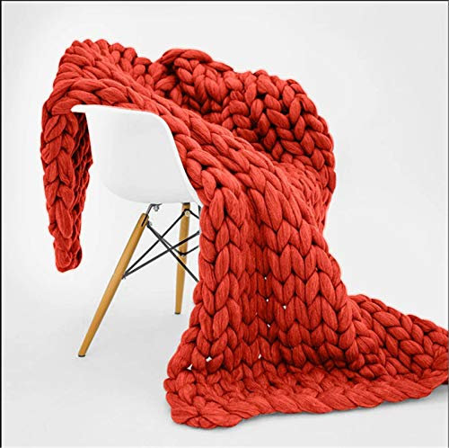 RAILONCH Gestrickte Grobe Strickdecke Wolle Kuscheldecke Grobstrick Wolldecke Strickdecke Tagesdecke Überwurf Decke Zuhause Dekor (50×50cm,Rot)