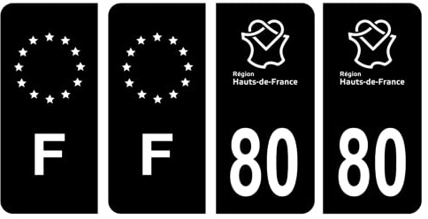 HADEXIA Nummernschild-Aufkleber, französisches Departement 80, Somme Region High De-France, Schwarz und F, Frankreich, 4 Stück