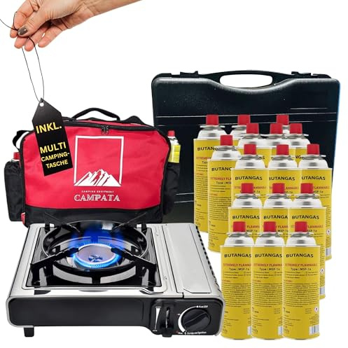 Clearfee Rostfritt Stål, Deluxe Gasspis Set | Bärbart Campingkök | Gaspatroner (Gasspis + 16 x Gaspatroner)