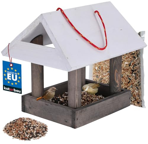 KOTARBAU® Vogelhaus zum Aufhängen - 20 x 27 x 24 cm - Vogelhäuschen aus Holz - Futterhaus für Vögel + Vogelfutter 0,5 kg - Vogelfutterhaus - Natürlich - Weiß & Braun