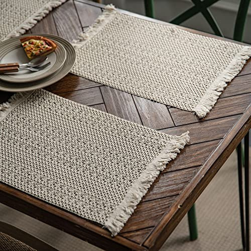Hsvanyr Farmhouse Macrame Table Mats Set of 2 Placemats Cotton Linen with Tassel Heatproof Dining Table Decor 12inch by 20inch Cream Beige Color