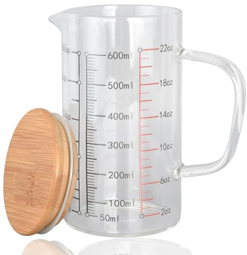 Vaso medidor de vidrio de 600 ml con asa y tapa, vaso graduado de borosilicato para repostería y cocina, vaso resistente al calor con pico en forma de V