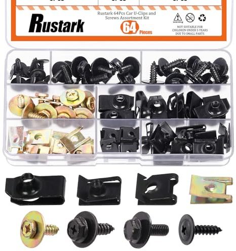 Rustark Assortiment de 64 écrous en U et boulons de carrosserie de voiture - Kit de boulons de carrosserie et de clips pour pare-chocs - Vis de garde-boue - Écrous de fixation pour voiture universelle