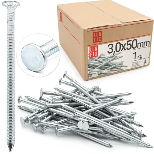 LUN FIX Rillennägel 3,0 x 50 mm verzinkt 1kg ca. 300 Stk Flachkopf | Baunägel Holznägel, Rillenschaft, Holzbau, Tischlerarbeiten, Holzkonstruktion, Zimmermann