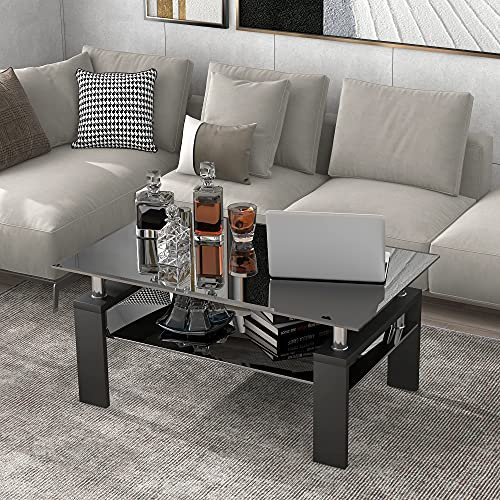 Mesa de centro de cristal templado, mesa de té rectangular moderna negra con estante inferior y patas de madera, 100 x 60 x 45 cm (negro)