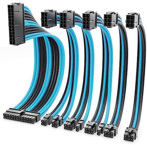 deleyCON Netzteil Kabel Verlängerung Set 6-Teilig 30cm - Grafikkarte PC Computer Mainboard ATX 24-Pin EPS 4+4-Pin PCI Express 6+2-Pin & 6-Pin Stromkabel Stecker auf Buchse Schwarz Blau